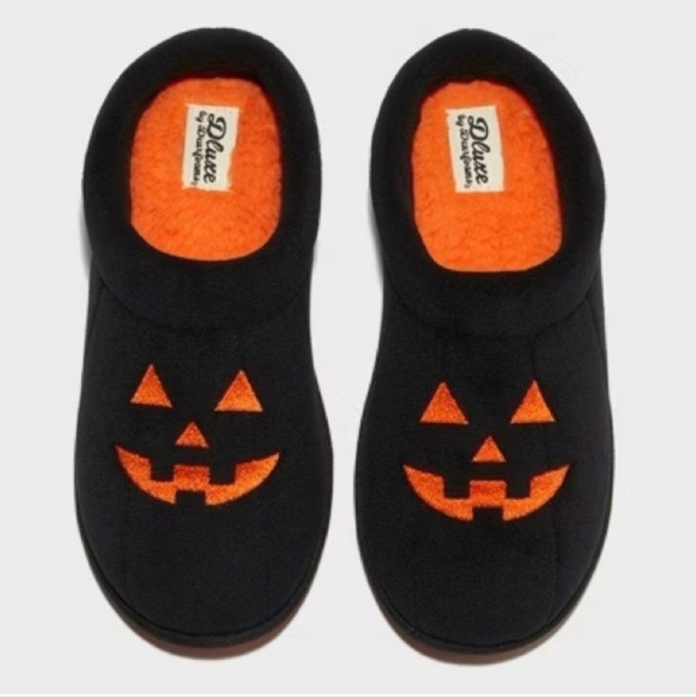 NWT Dluxe by Dearfoams Adult Halloween Jack o Lantern Pumpkin Slippers Women 5-6
